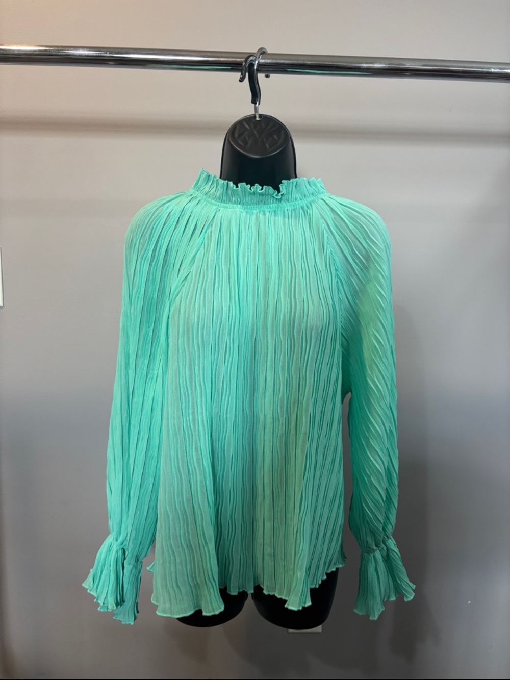 Glam Pleated High Ruffle Neck Long-Sleeve Top - Turquoise Size small